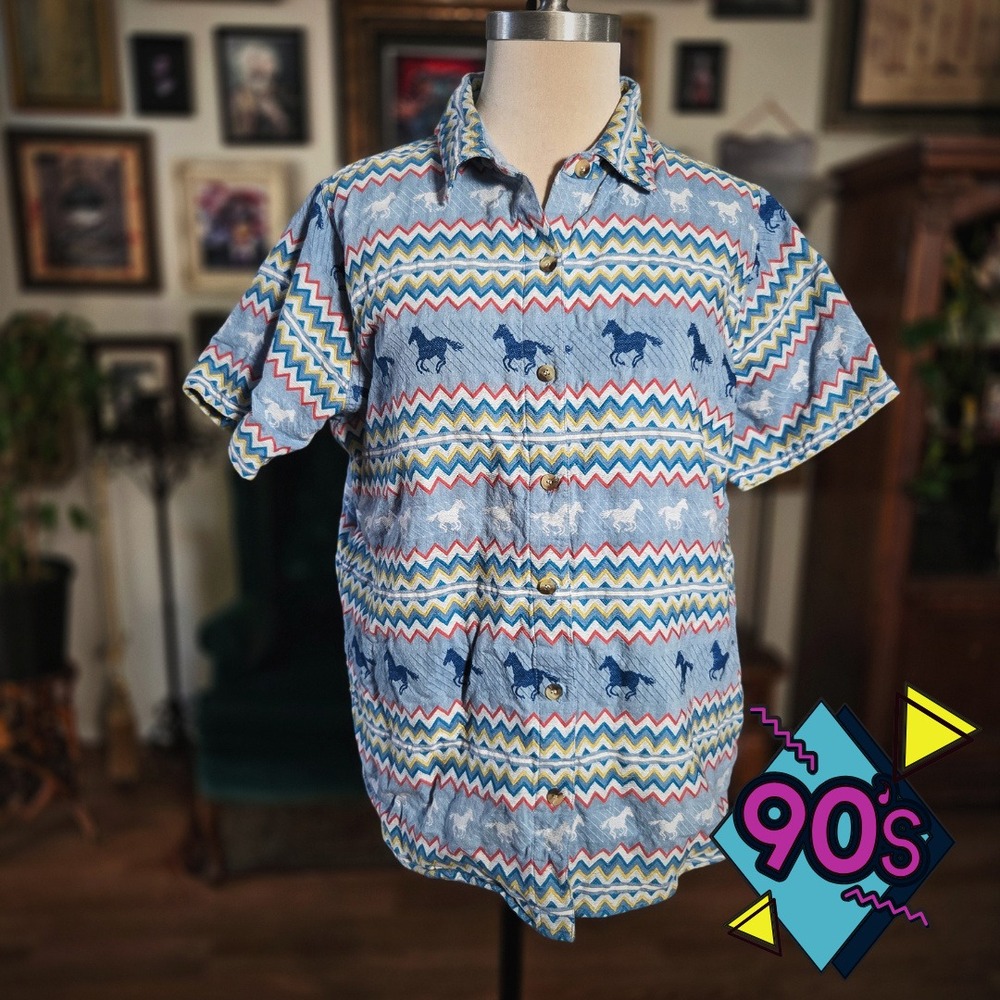 Adobe Rose Horse Print Shirt Vintage 90s Western Zig Zag Cotton Button Down 1X